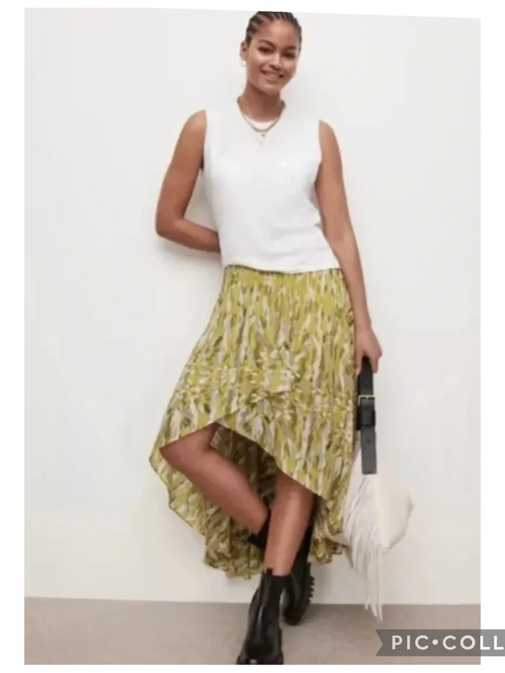 AllSaints Slvina Oniyuri Yellow Multi Camo Print Asymmetric Maxi Skirt Size 8